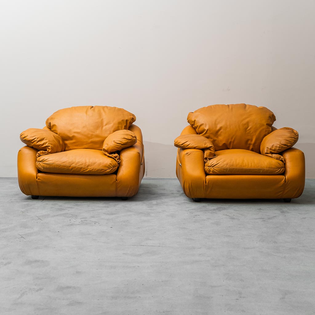 Pair Of 70s Vintage Modern Brown Leather Armchairs