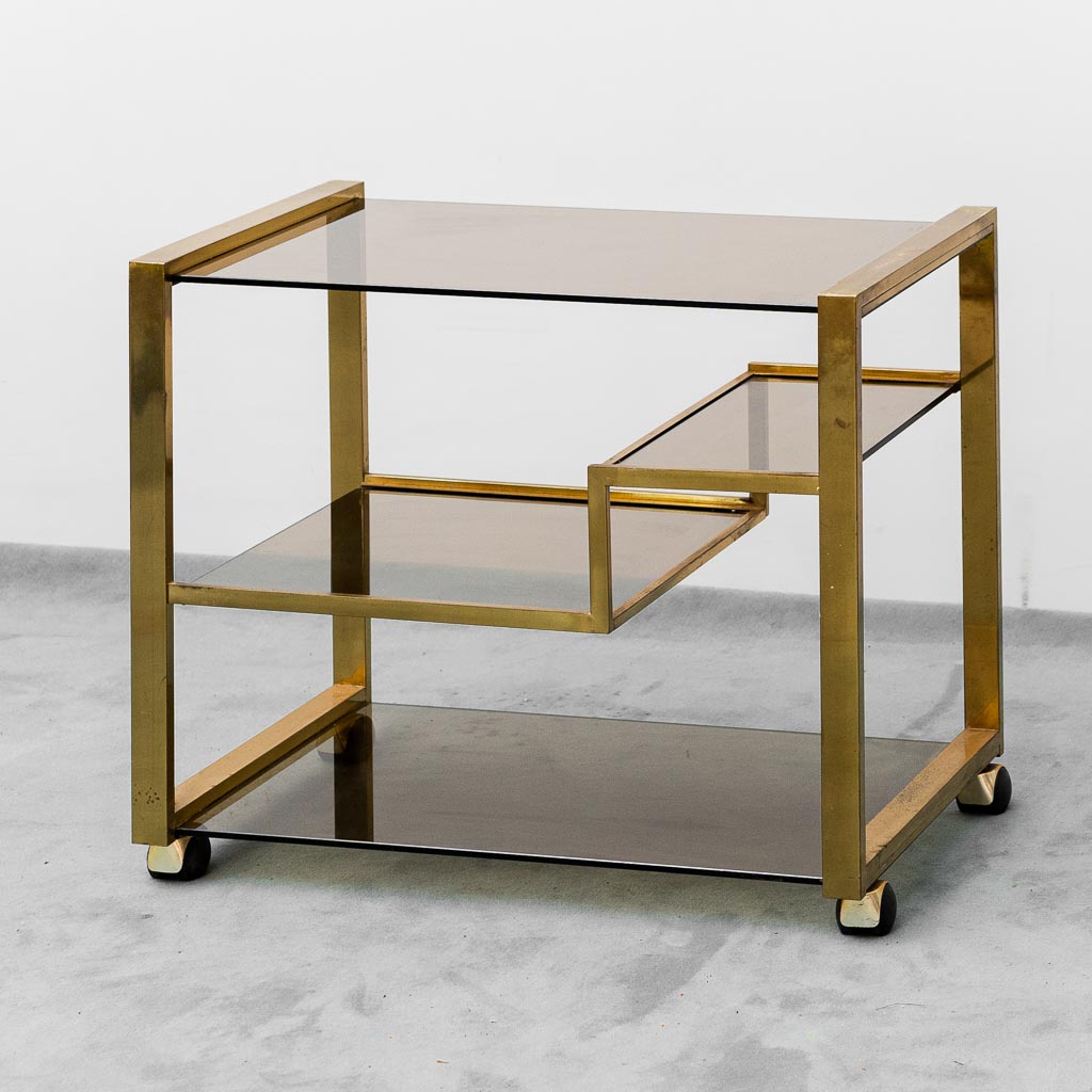 Vintage 70s Gold Metal Bar Cart With Smoked Glass