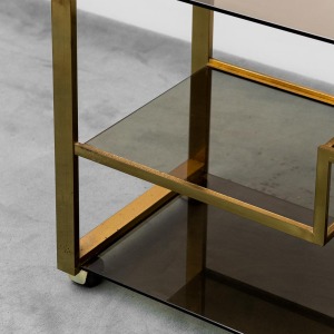 Vintage 70s Gold Metal Bar Cart With Smoked Glass