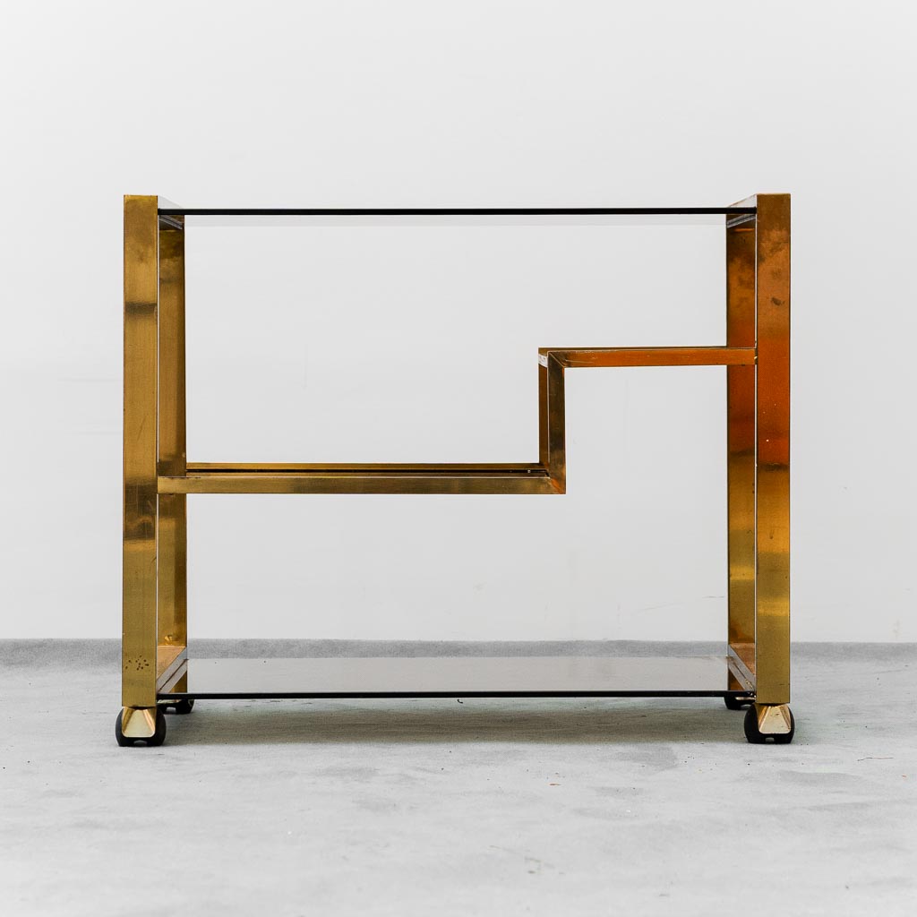 Vintage 70s Gold Metal Bar Cart With Smoked Glass