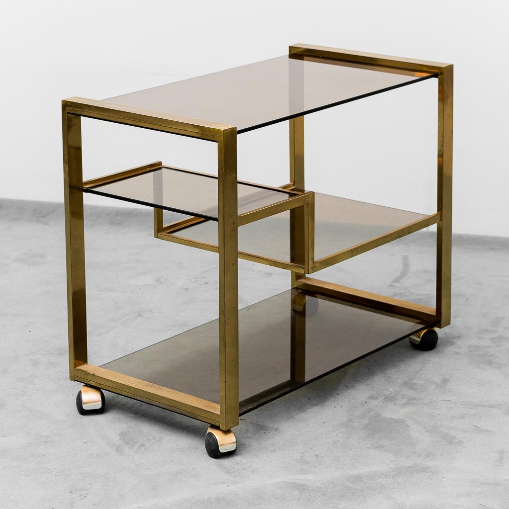 Vintage 70s Gold Metal Bar Cart With Smoked Glass