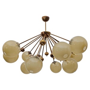 Mid-Century Italian Burnished Brass and Murano Glass Large Sputnik Chandelier