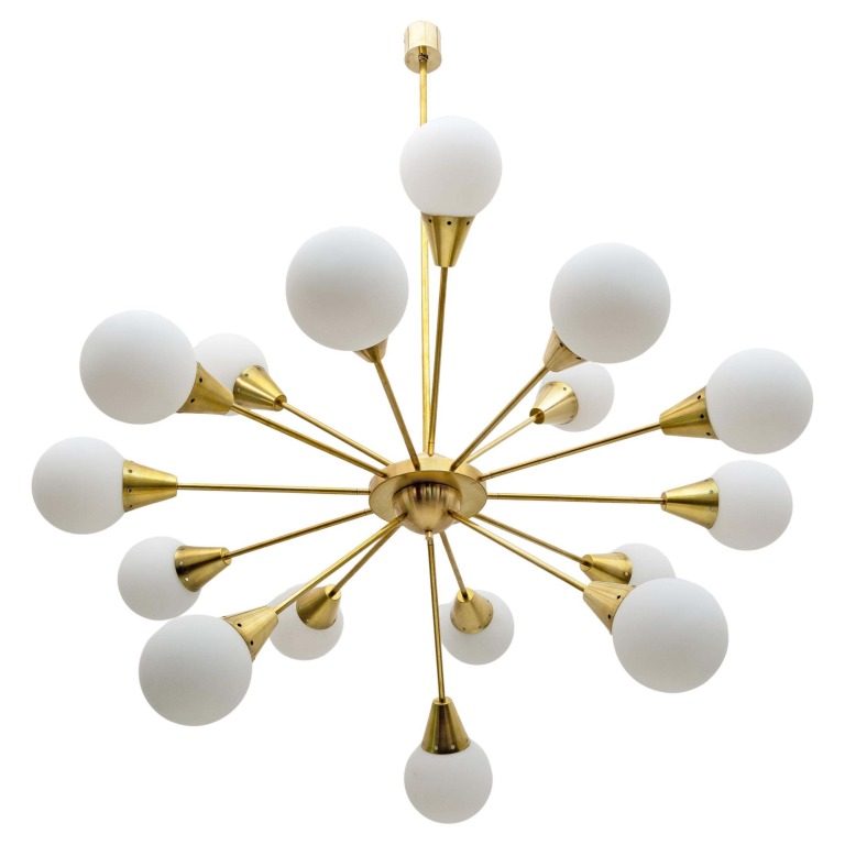 Mid-Century Modern Italian Brass and Glass Opaline Large Sputnik Chandelier, 70s