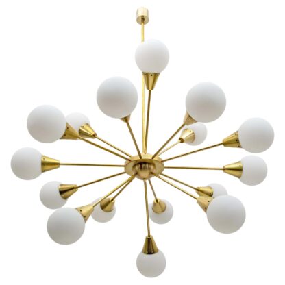 Mid-Century Modern Italian Brass and Glass Opaline Large Sputnik Chandelier, 70s