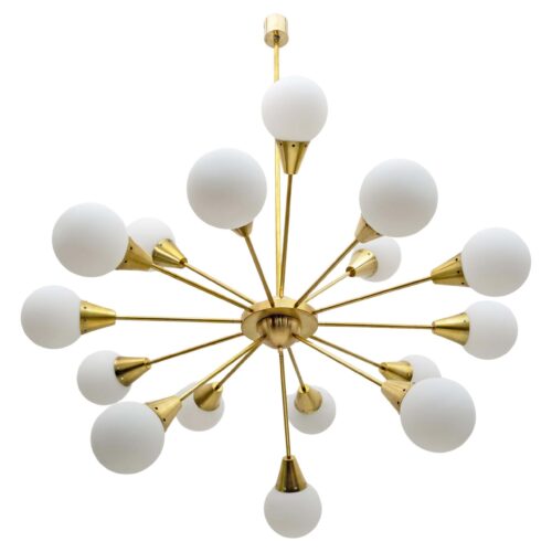 Mid-Century Modern Italian Brass and Glass Opaline Large Sputnik Chandelier, 70s