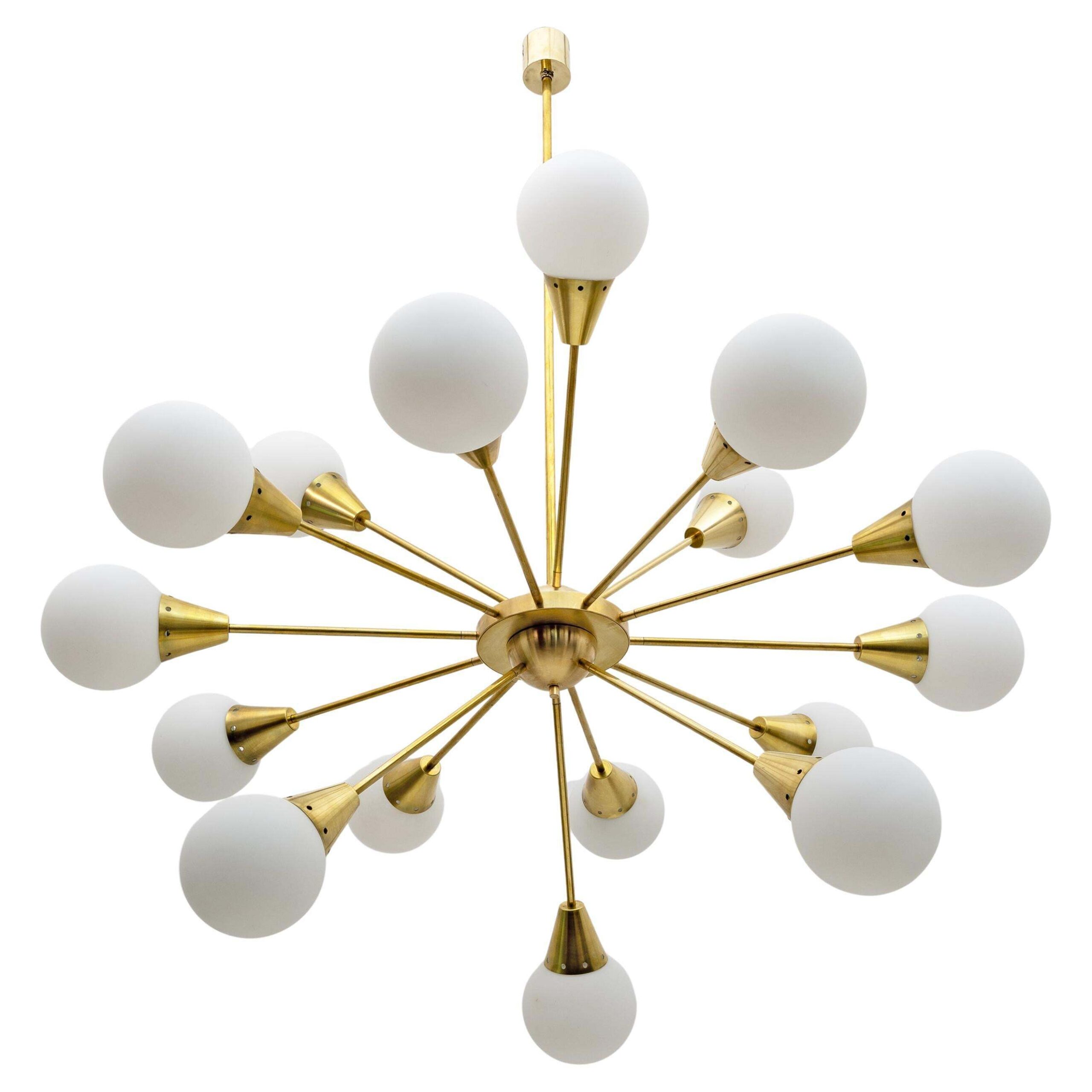 Mid-Century Modern Italian Brass and Glass Opaline Large Sputnik Chandelier, 70s