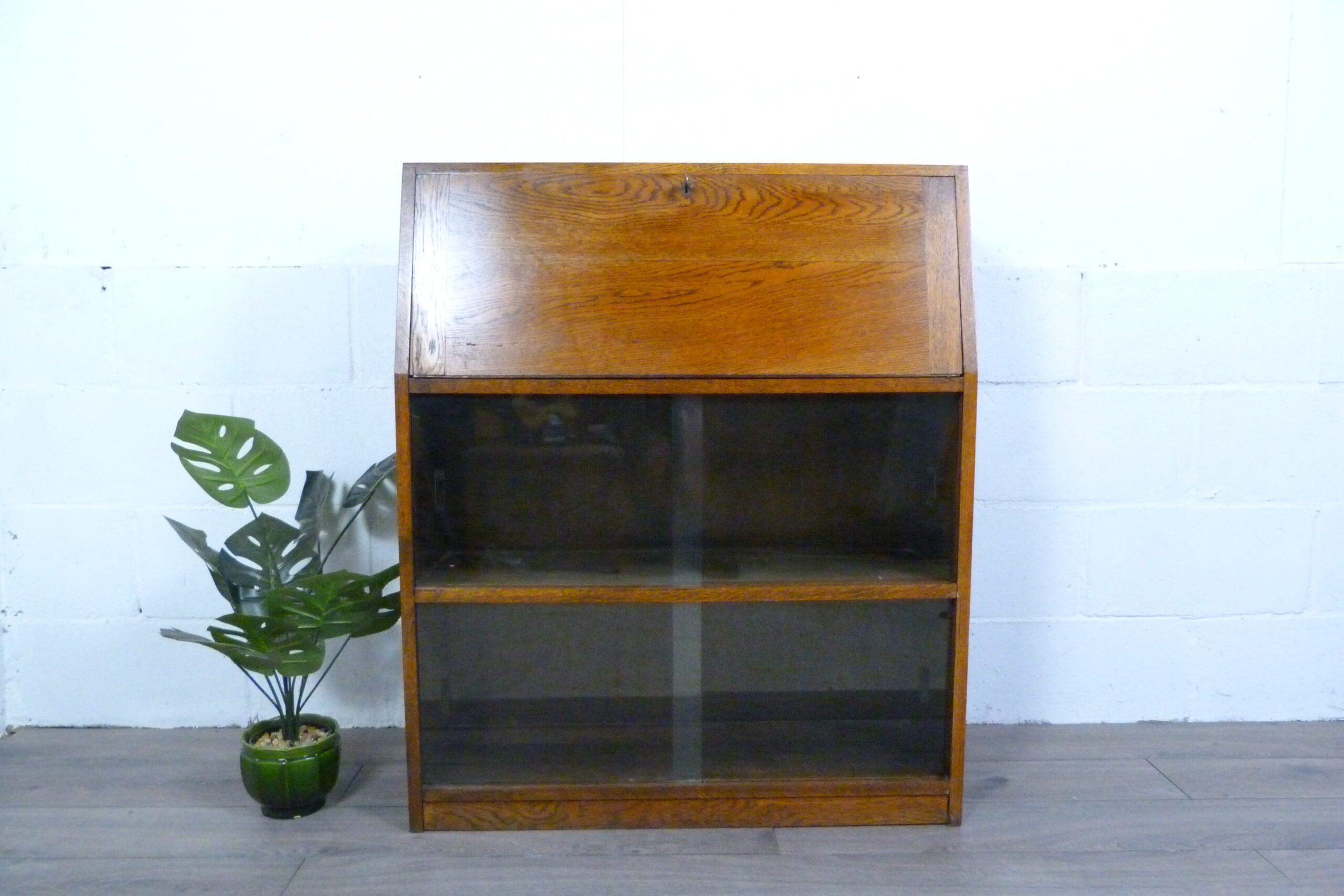 Small Oak Glazed Bookcase & Writing Desk