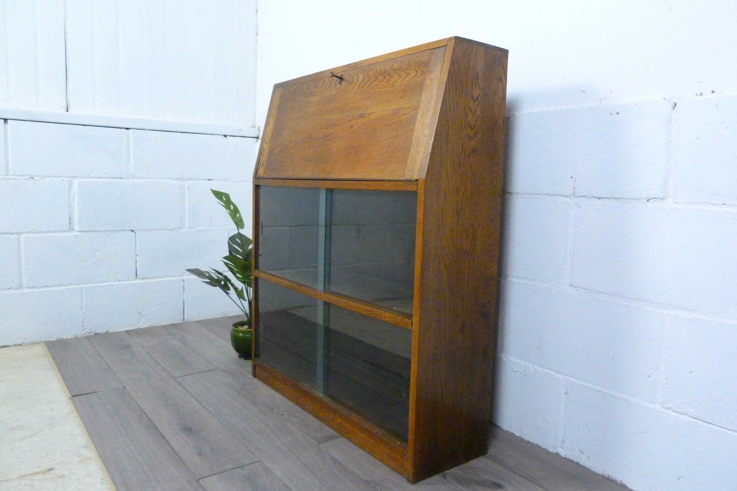Small Oak Glazed Bookcase & Writing Desk