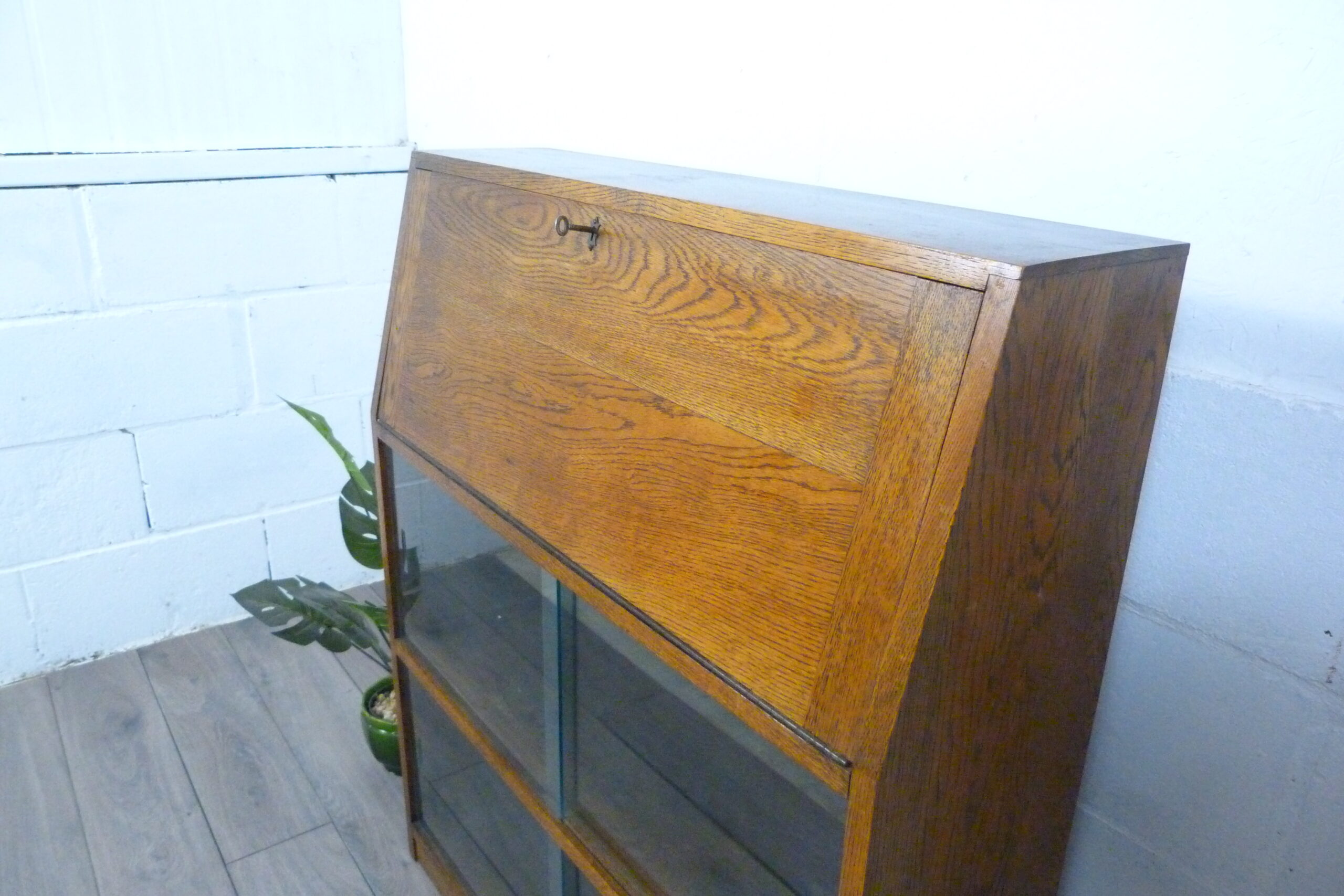 Small Oak Glazed Bookcase & Writing Desk