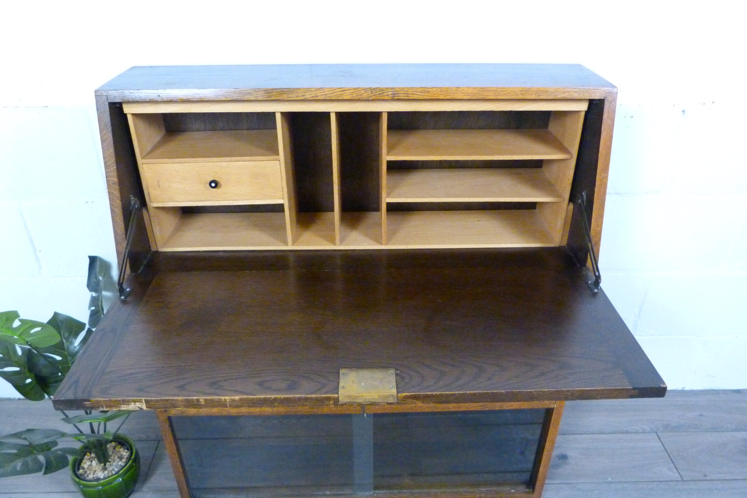 Small Oak Glazed Bookcase & Writing Desk