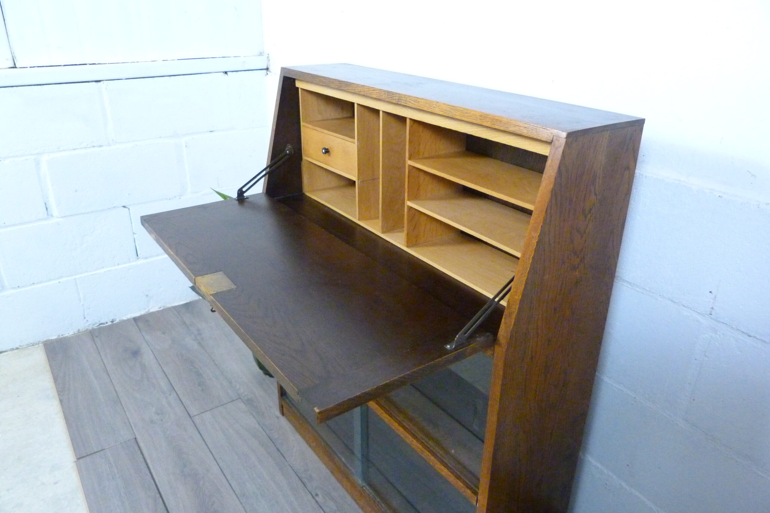 Small Oak Glazed Bookcase & Writing Desk