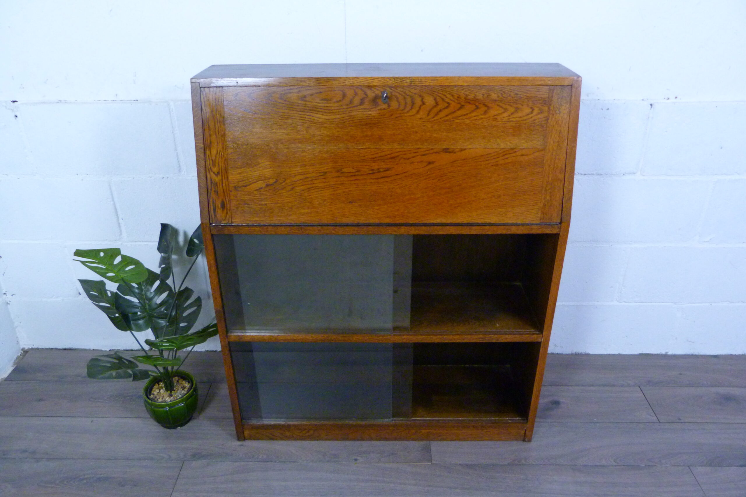Small Oak Glazed Bookcase & Writing Desk