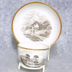 A good & fine antique Georgian Spode porcelain Bat print Cup & Saucer C.1805