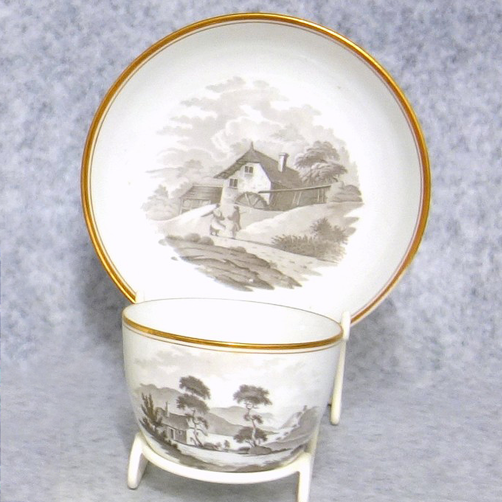 A good & fine antique Georgian Spode porcelain Bat print Cup & Saucer C.1805