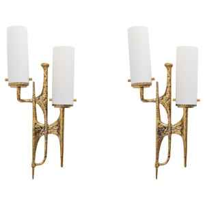 Pair Of Brutalist Bronze Wall And Murano Glass Sconces By Felix Agostini, 1990s