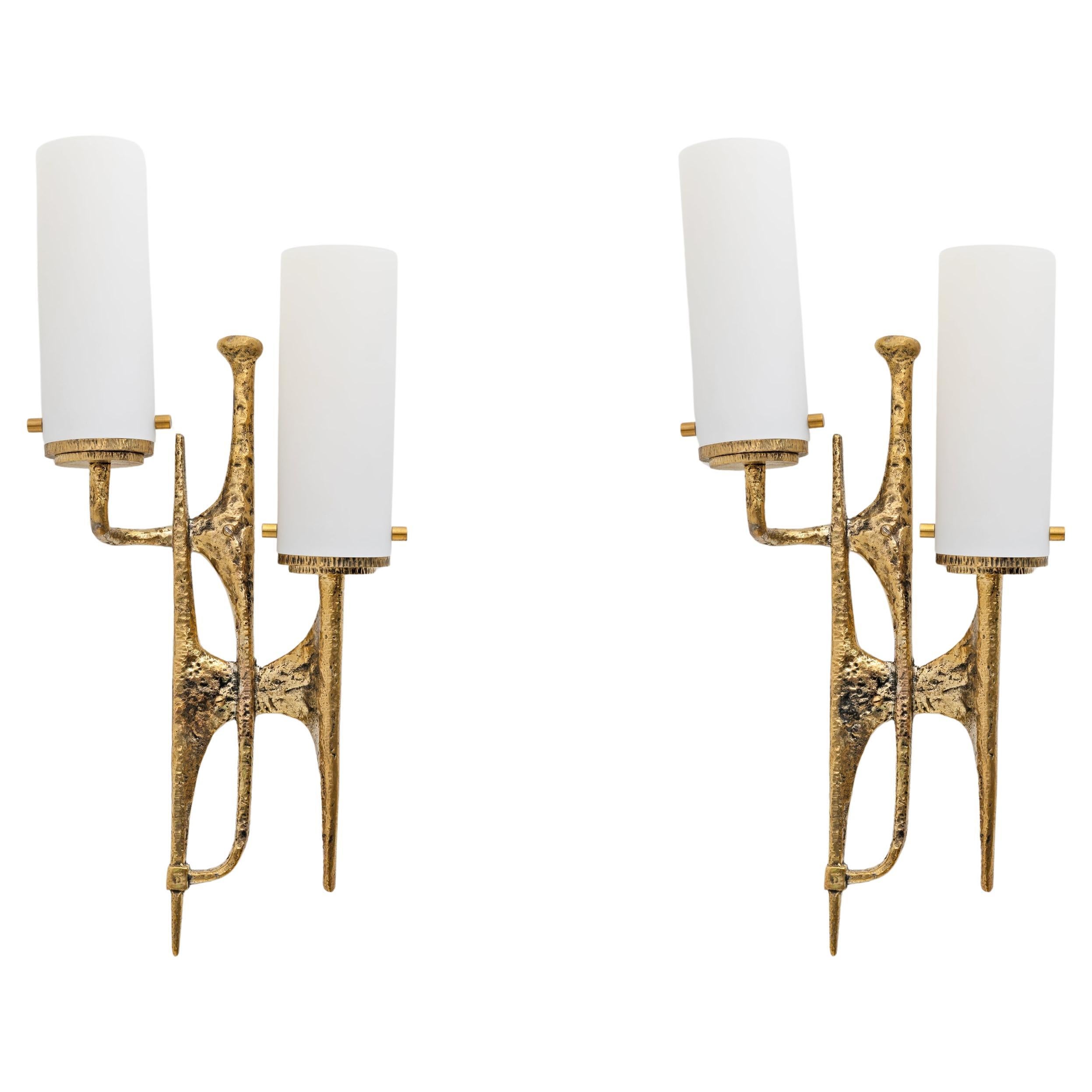 Pair Of Brutalist Bronze Wall And Murano Glass Sconces By Felix Agostini, 1990s