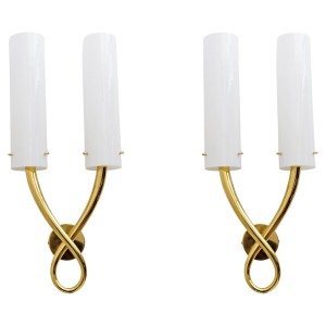 Pair of Large Brass and Murano Glass Sconces in the Style of Gio Ponti