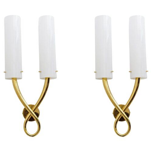 Pair of Large Brass and Murano Glass Sconces in the Style of Gio Ponti