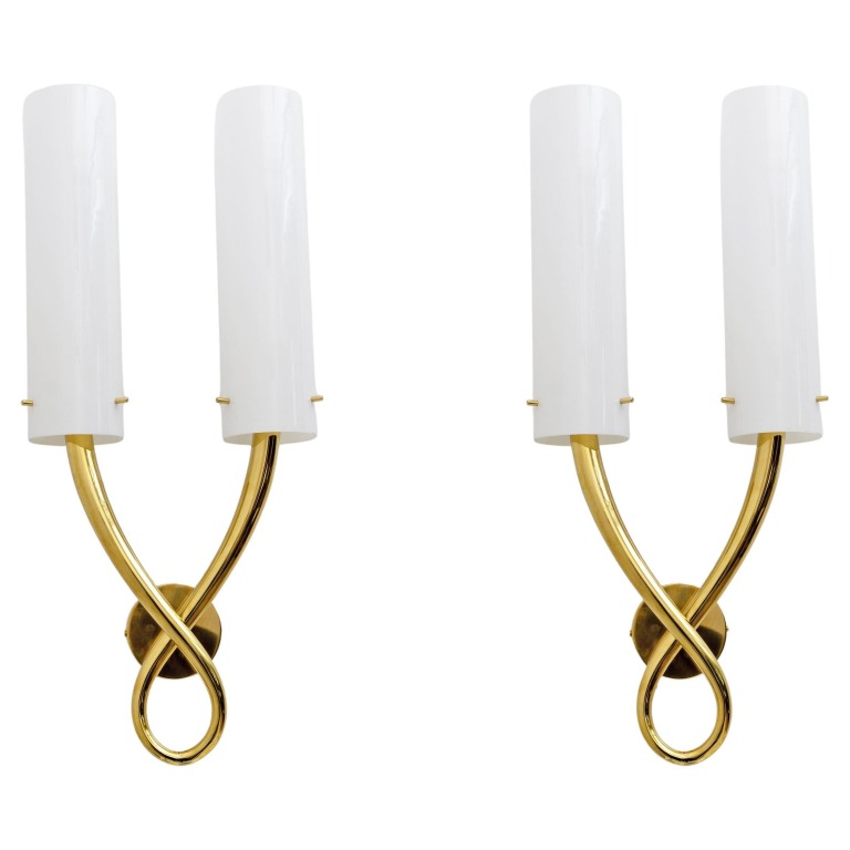 Pair of Large Brass and Murano Glass Sconces in the Style of Gio Ponti