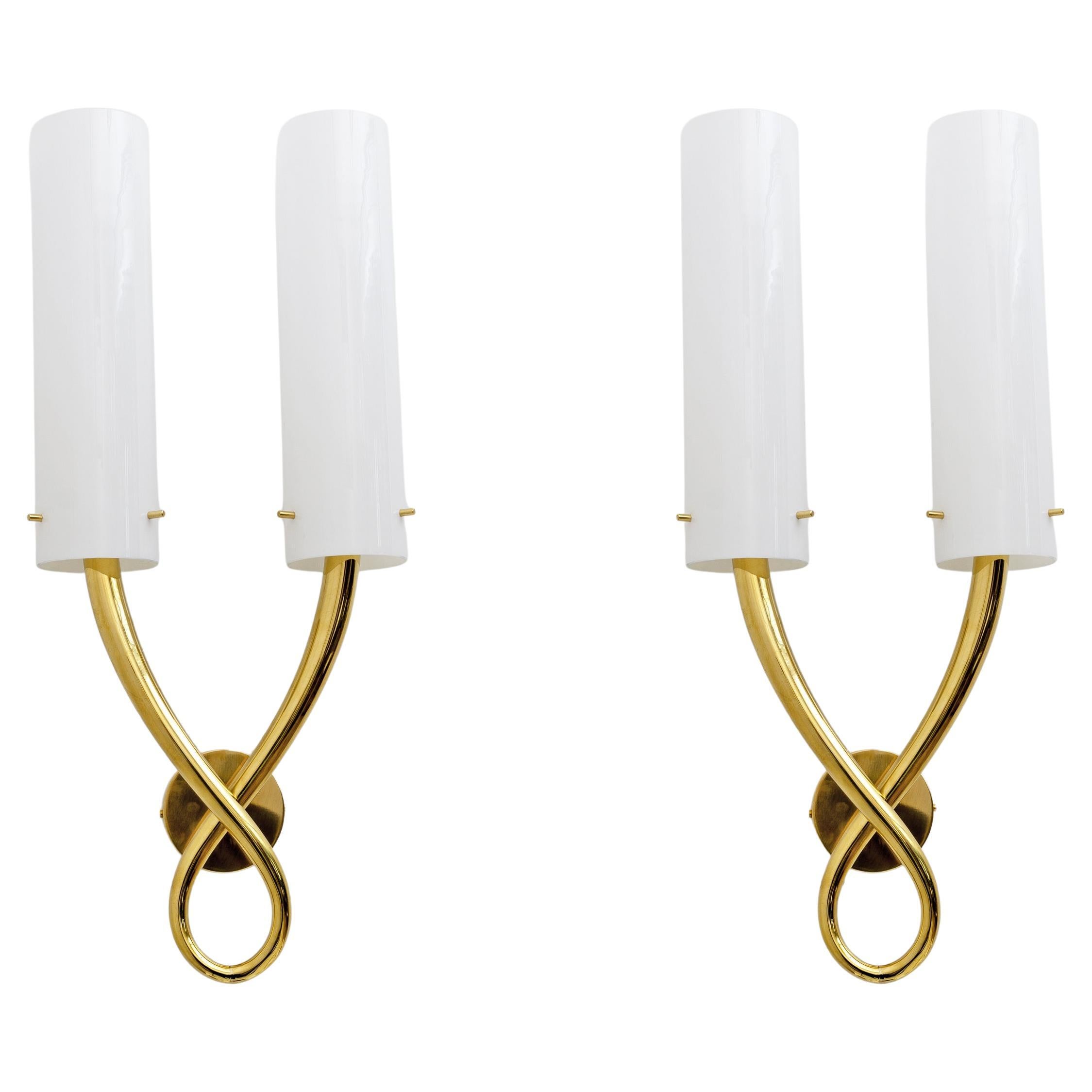 Pair of Large Brass and Murano Glass Sconces in the Style of Gio Ponti