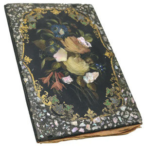 A good antique Papier Mache & Mother of Pearl hand painted Folio Blotter C.19thC