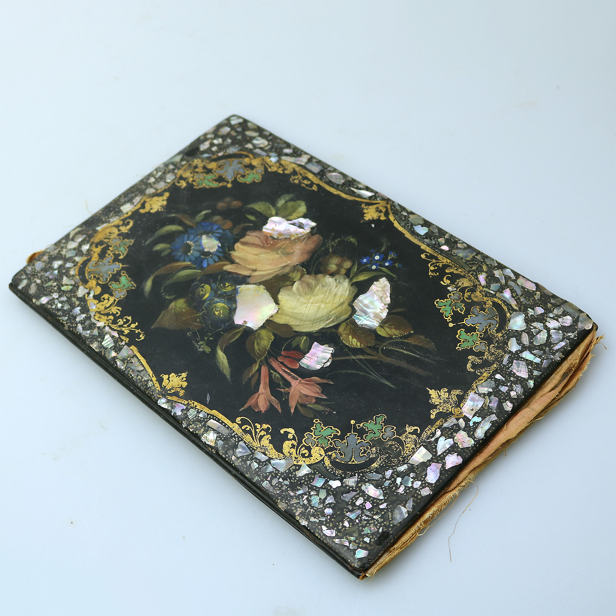 A good antique Papier Mache & Mother of Pearl hand painted Folio Blotter C.19thC