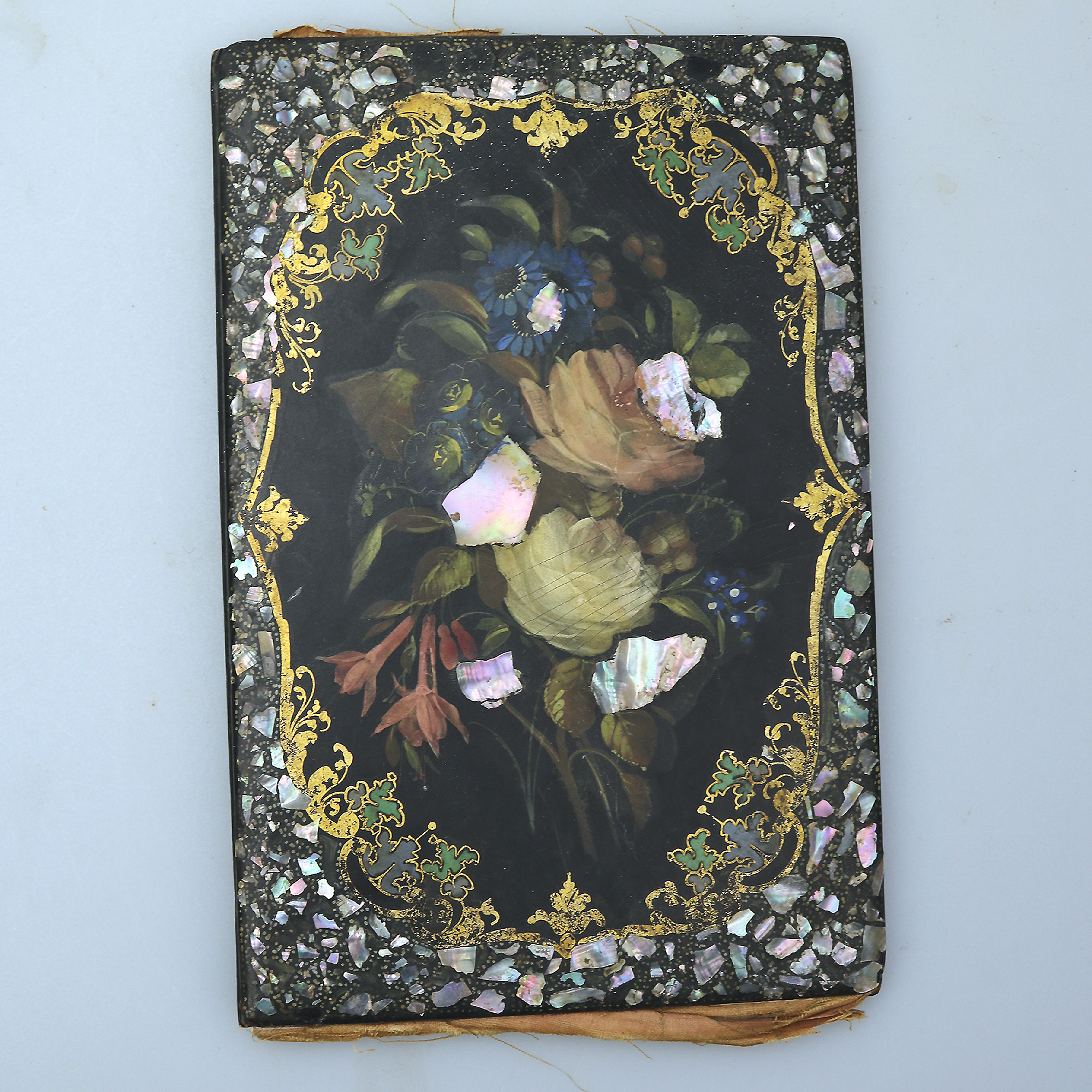 A good antique Papier Mache & Mother of Pearl hand painted Folio Blotter C.19thC