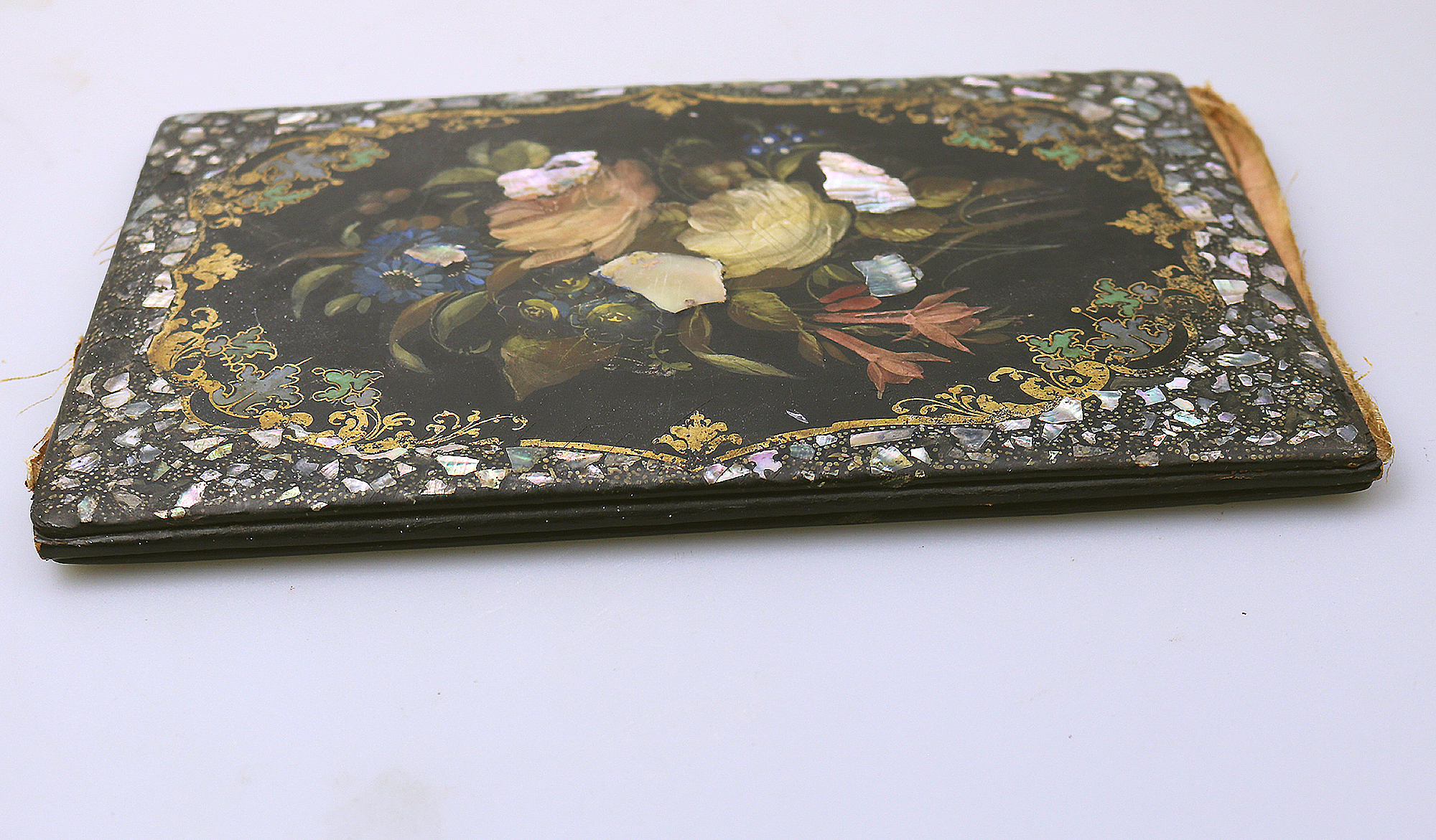 A good antique Papier Mache & Mother of Pearl hand painted Folio Blotter C.19thC