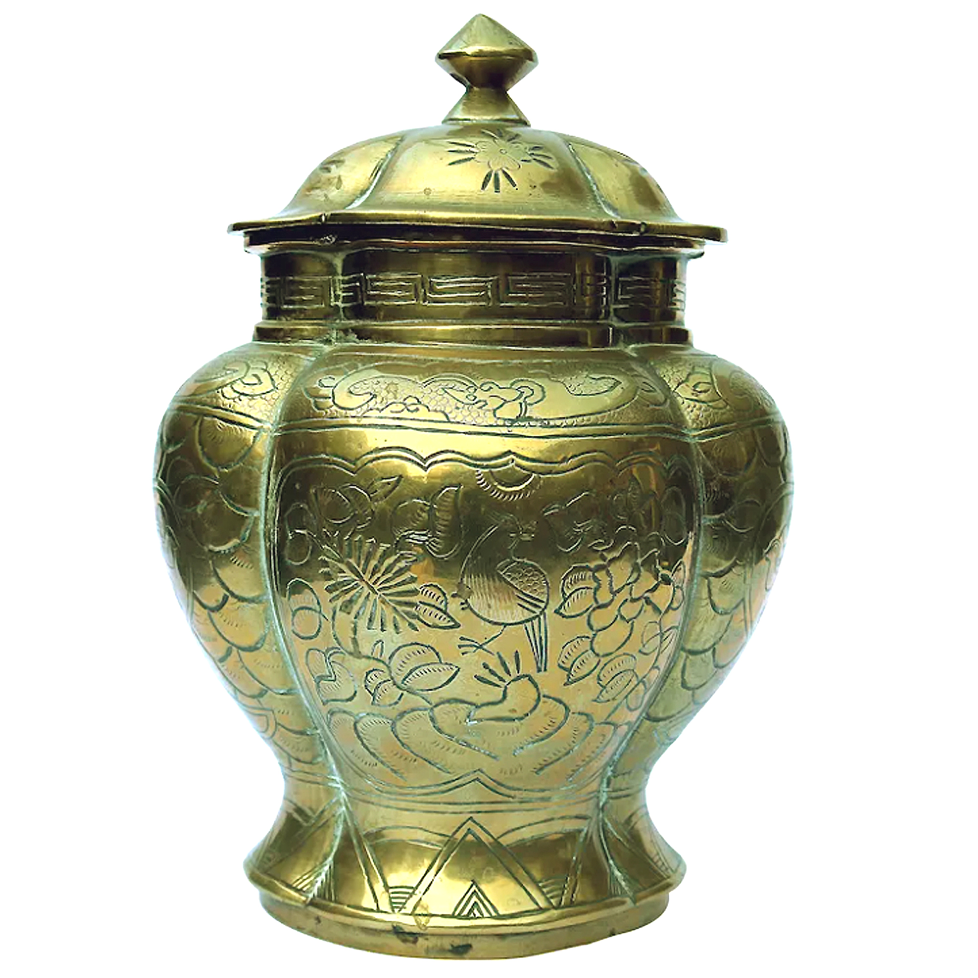 A large bombe ovoid heavy solid brass signed Chinese Temple / Spice Jar C.20thC