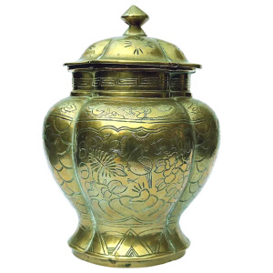 A large bombe ovoid heavy solid brass signed Chinese Temple / Spice Jar C.20thC