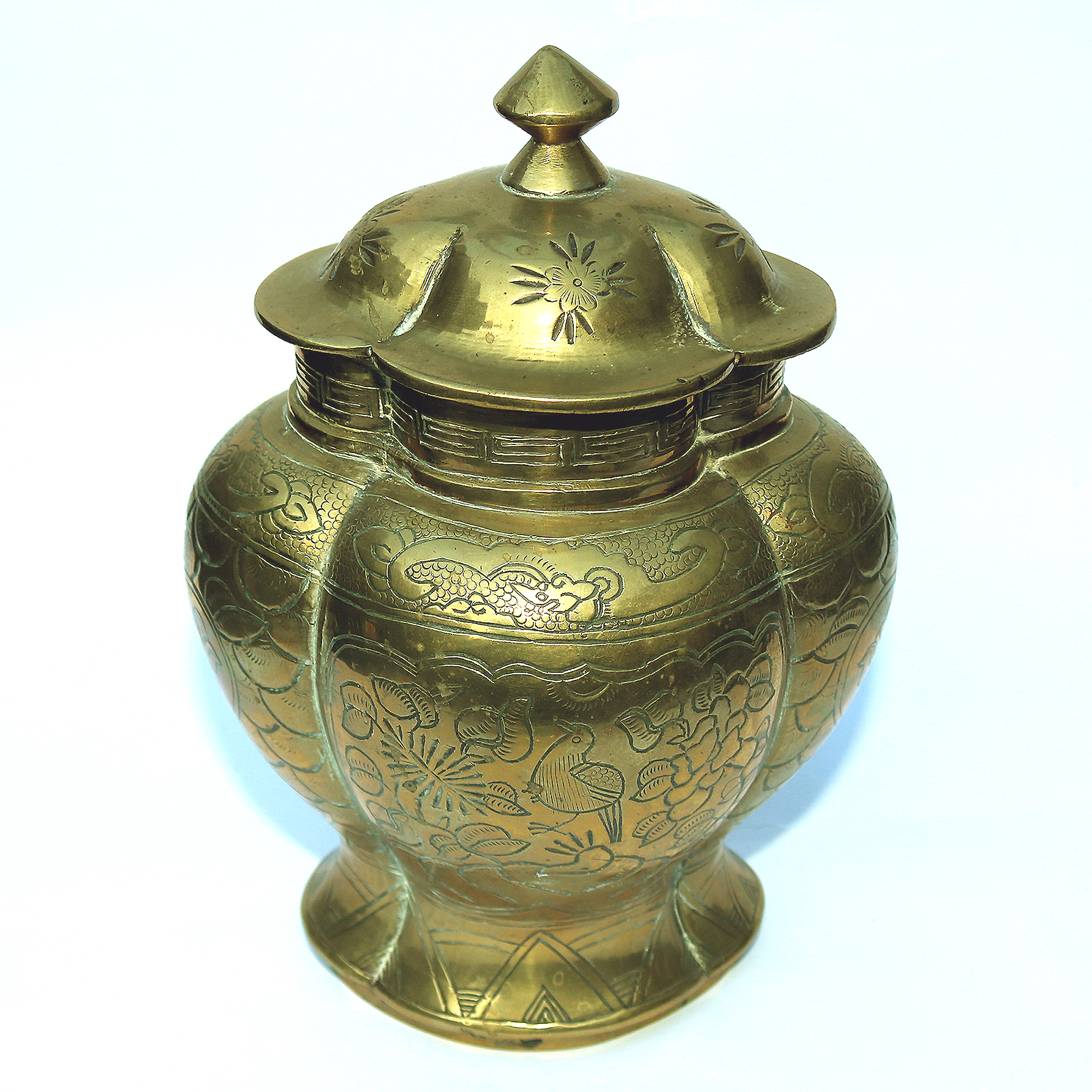 A large bombe ovoid heavy solid brass signed Chinese Temple / Spice Jar C.20thC