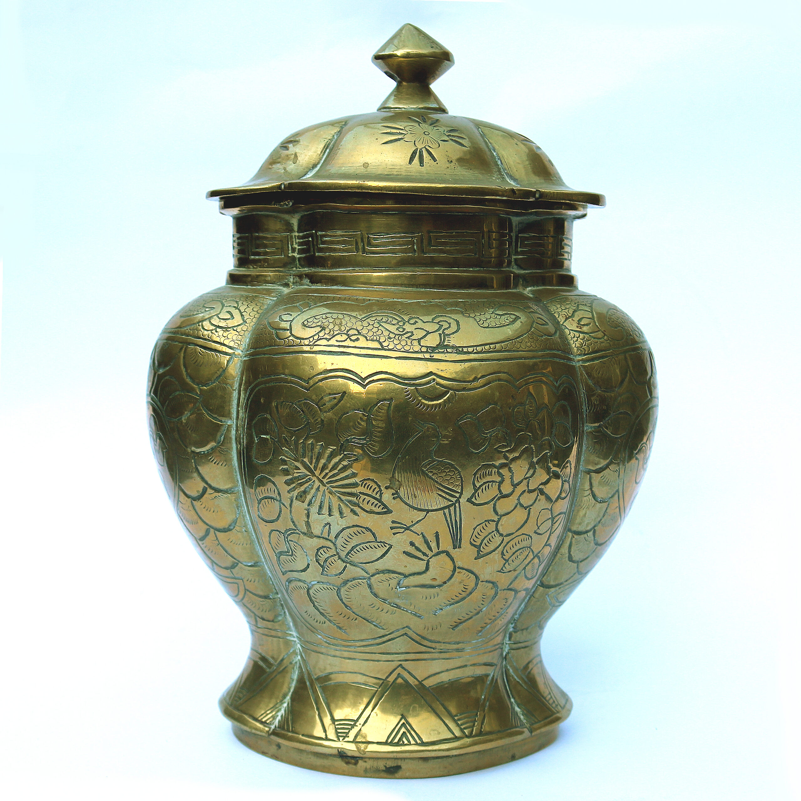 A large bombe ovoid heavy solid brass signed Chinese Temple / Spice Jar C.20thC