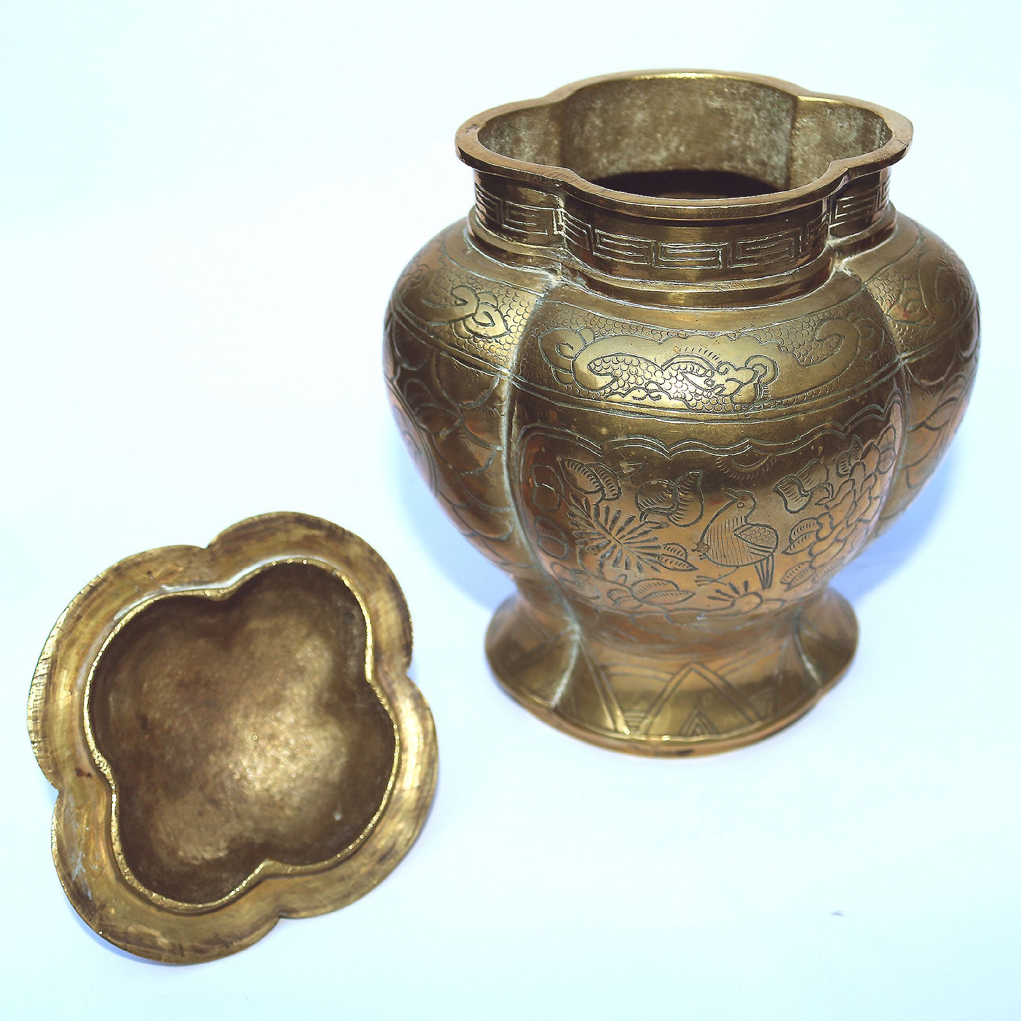 A large bombe ovoid heavy solid brass signed Chinese Temple / Spice Jar C.20thC