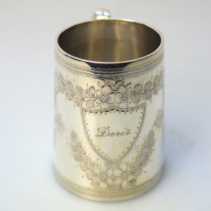 An antique English sterling solid silver engraved Christening Mug 100g C.1896