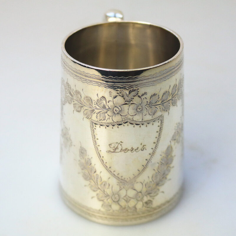 An antique English sterling solid silver engraved Christening Mug 100g C.1896