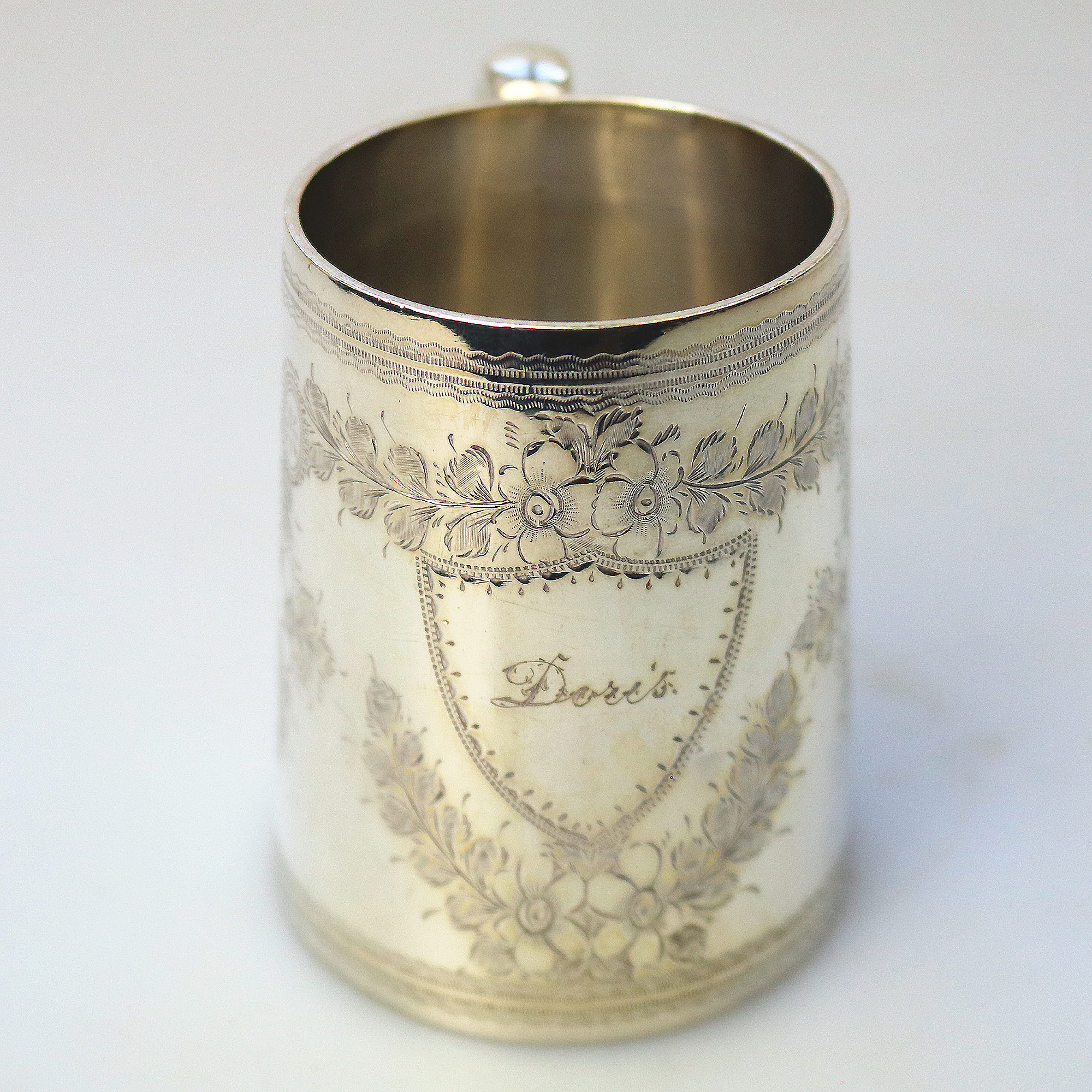 An antique English sterling solid silver engraved Christening Mug 100g C.1896