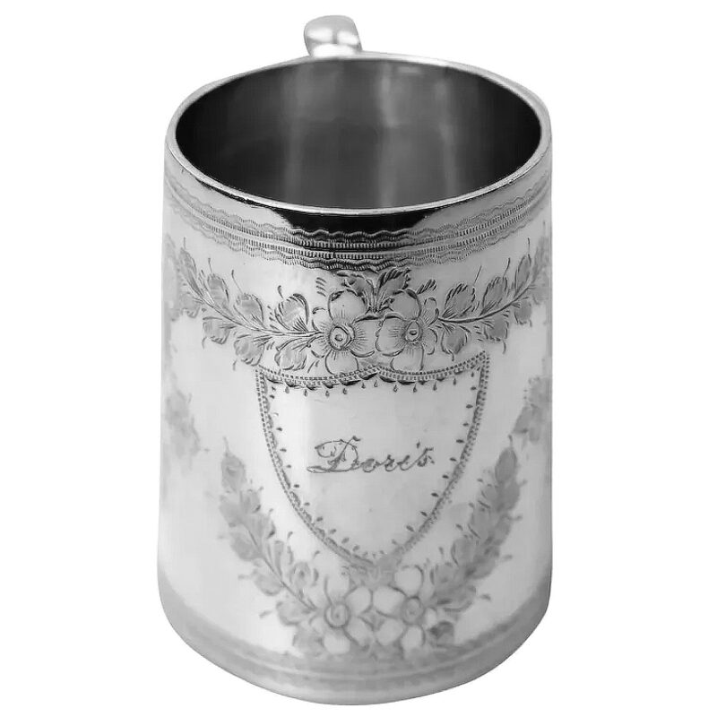 An antique English sterling solid silver engraved Christening Mug 100g C.1896