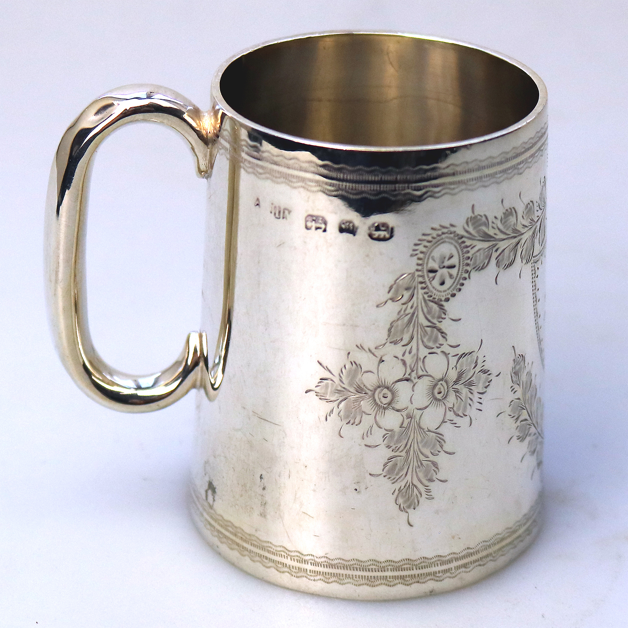 An antique English sterling solid silver engraved Christening Mug 100g C.1896