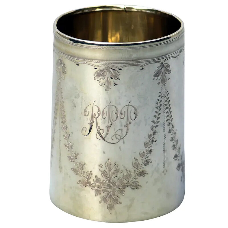 A pretty antique English solid silver engraved Christening Mug 58g C.1921