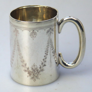 A pretty antique English solid silver engraved Christening Mug 58g C.1921