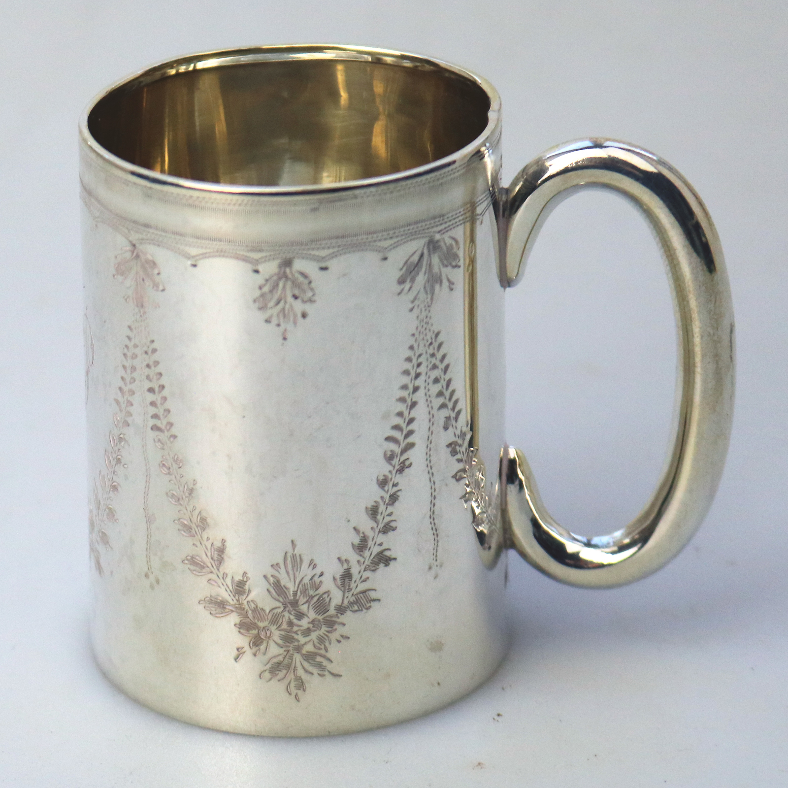 A pretty antique English solid silver engraved Christening Mug 58g C.1921