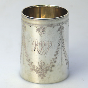 A pretty antique English solid silver engraved Christening Mug 58g C.1921