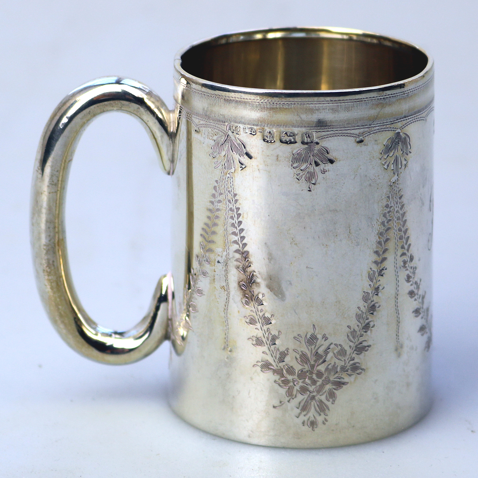 A pretty antique English solid silver engraved Christening Mug 58g C.1921