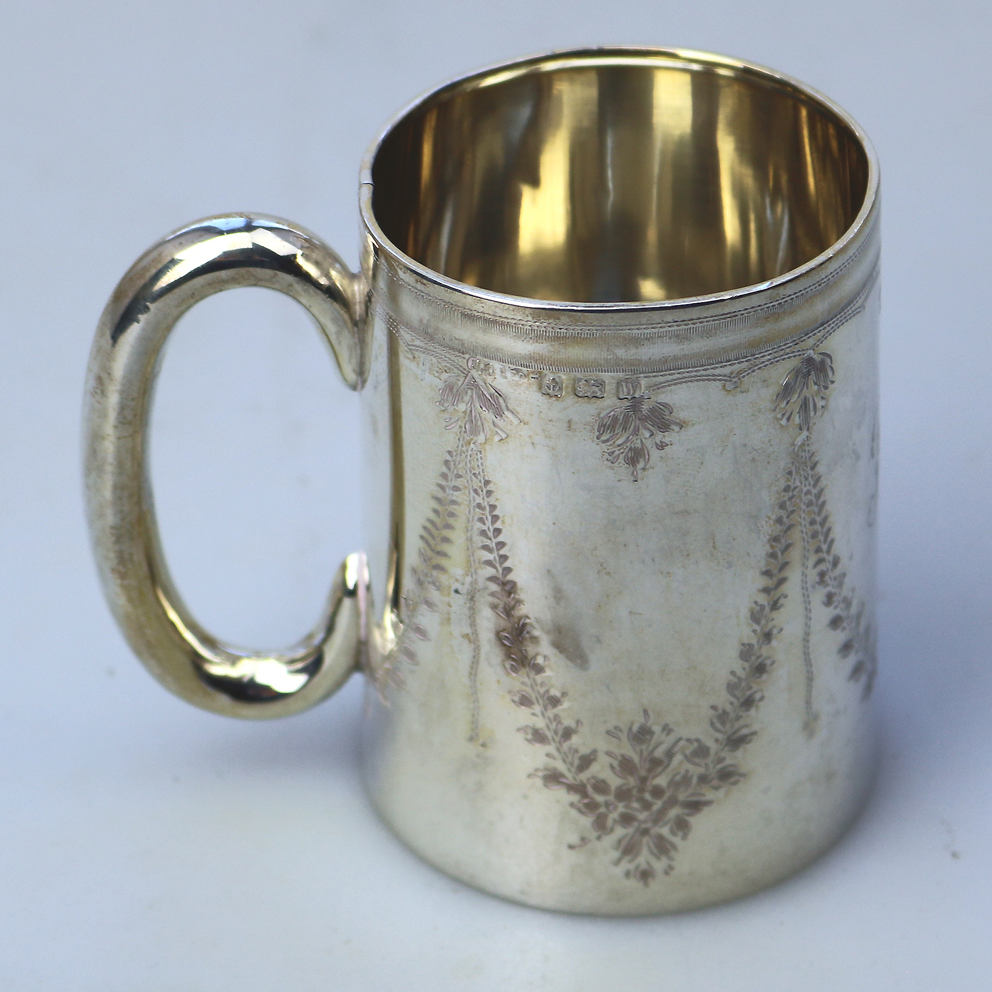 A pretty antique English solid silver engraved Christening Mug 58g C.1921