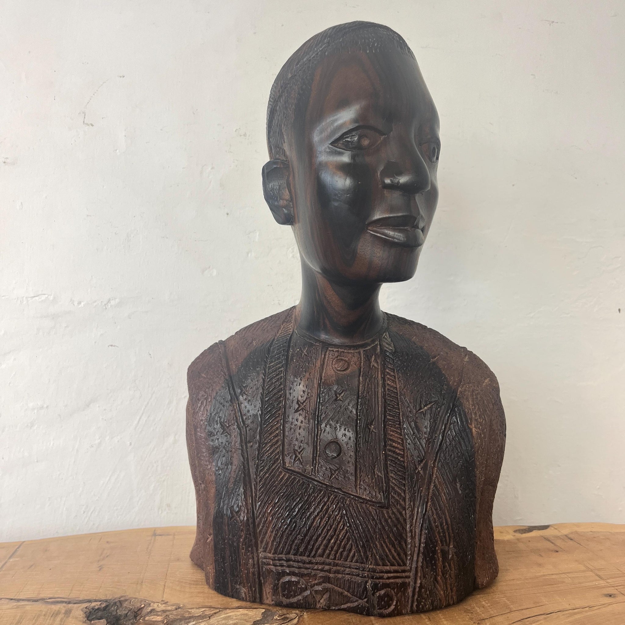 African Vintage Wooden Tribal Man Bust Sculpture