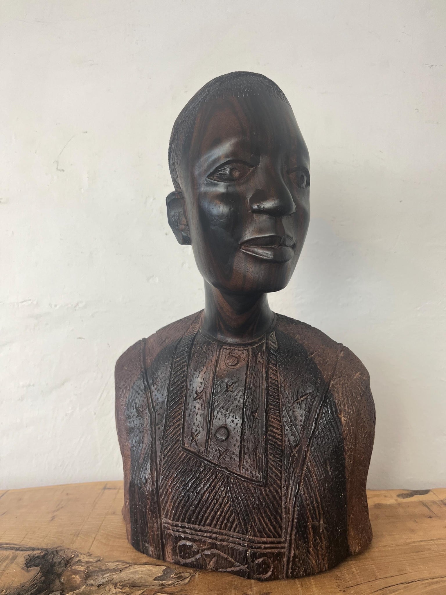 African Vintage Wooden Tribal Man Bust Sculpture