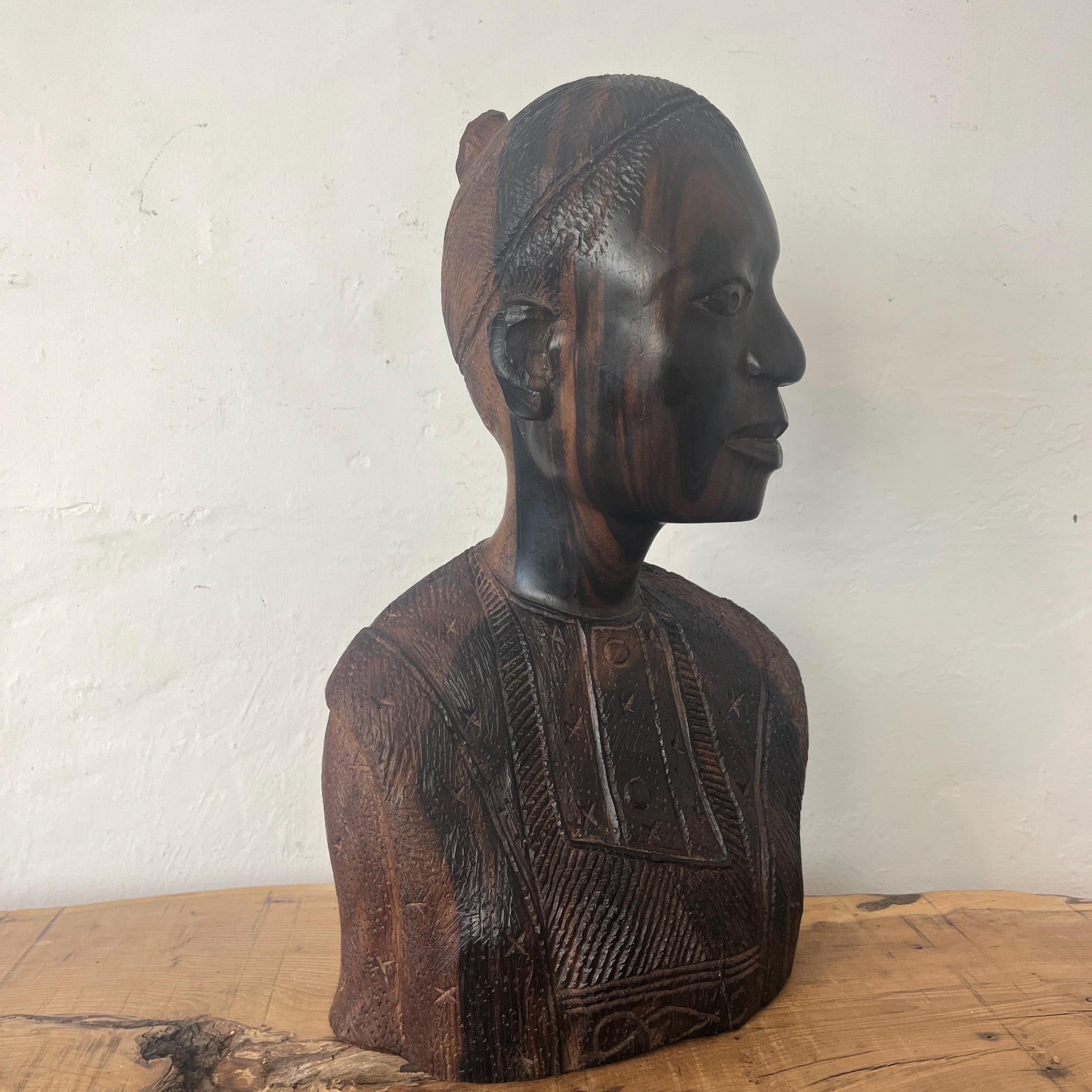 African Vintage Wooden Tribal Man Bust Sculpture