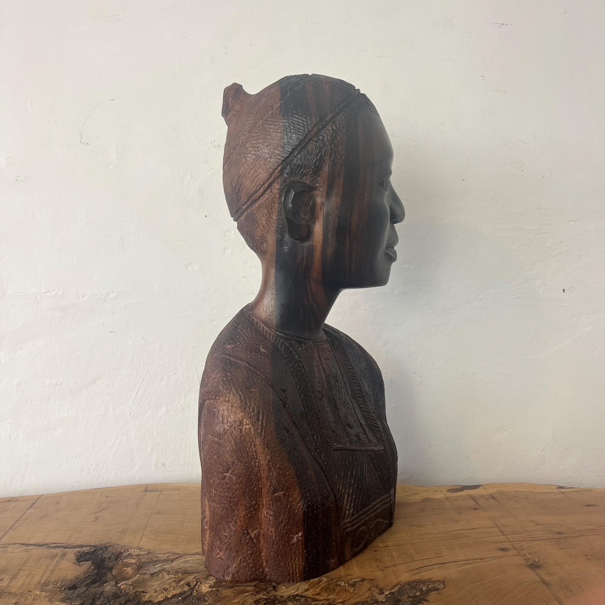 African Vintage Wooden Tribal Man Bust Sculpture