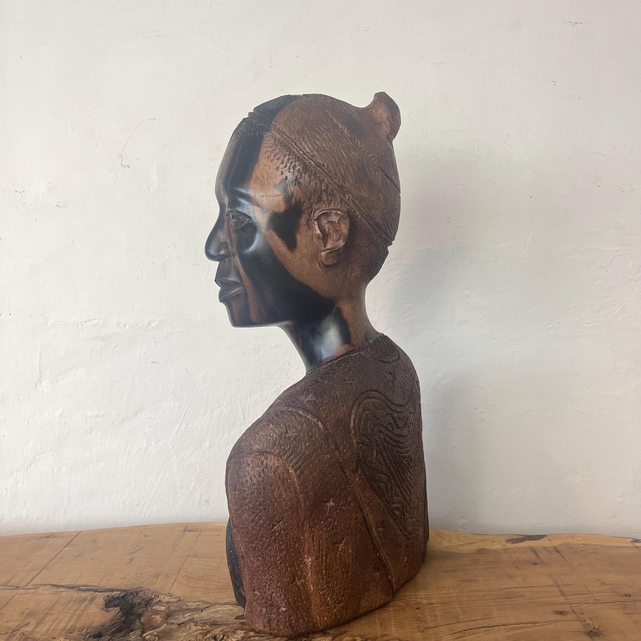 African Vintage Wooden Tribal Man Bust Sculpture