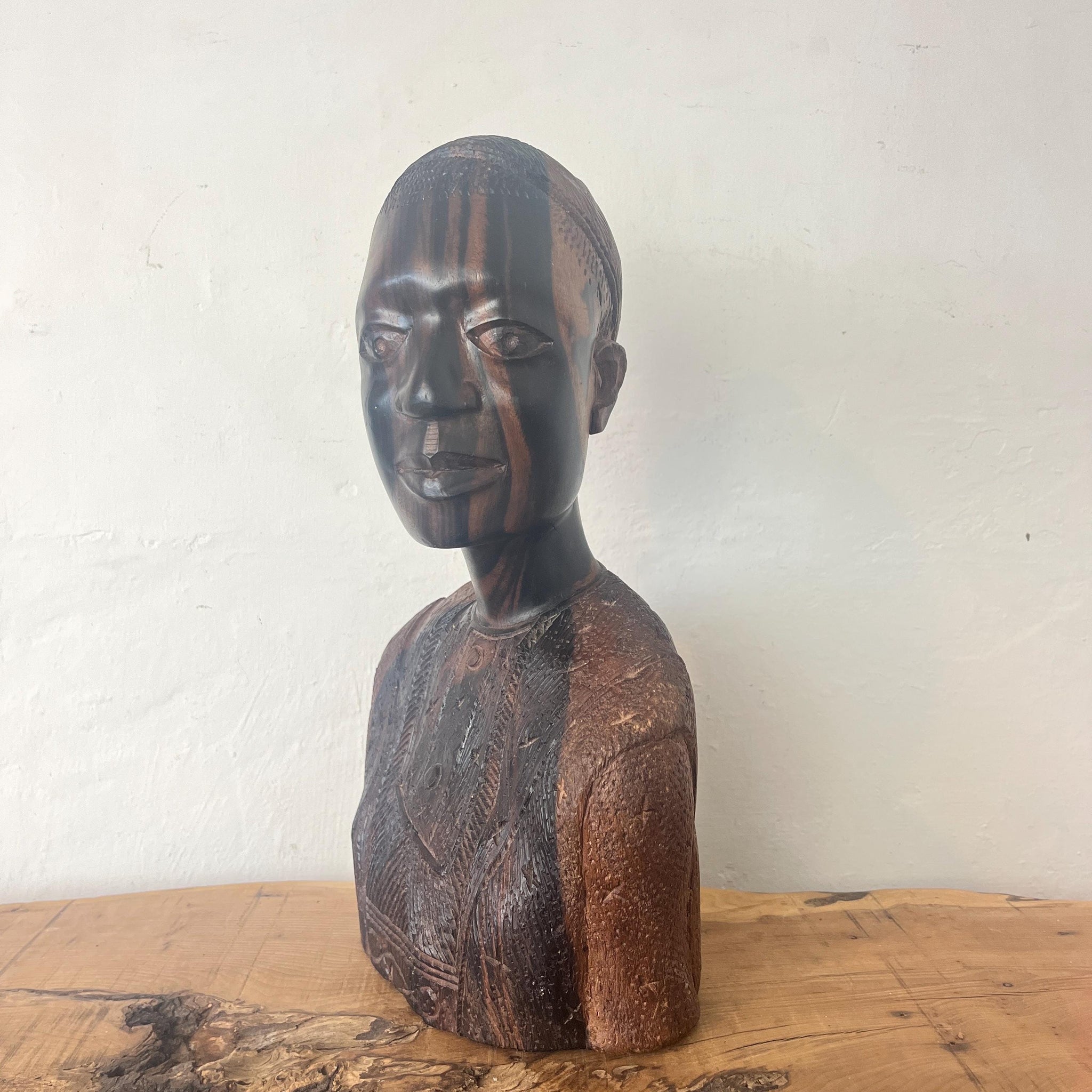 African Vintage Wooden Tribal Man Bust Sculpture